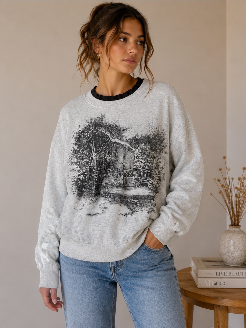 Vintage Nutcracker Scenic Cottage‎ Crewneck Sweatshirt Large Gray